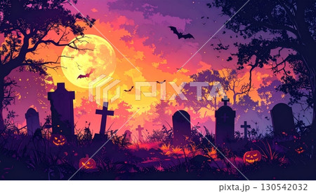 Abstract Halloween pumpkins and bats in a city silhouette at sunset 130542032