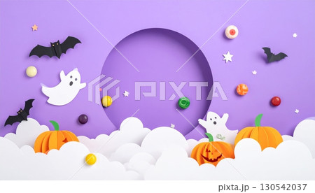 A fun cartoon vector illustration of a Halloween holiday background with bats, pumpkins, and a blue cloudy sky 130542037