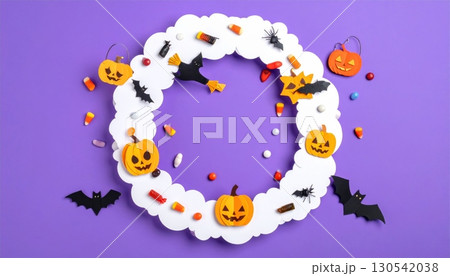 A fun cartoon vector illustration of a Halloween holiday background with bats, pumpkins, and a blue cloudy sky 130542038