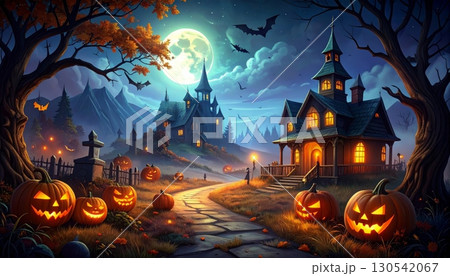A scary halloween night scene with a haunted castle on a hill, a dark tree, and flying bats, with a spooky pumpkin on the ground 130542067