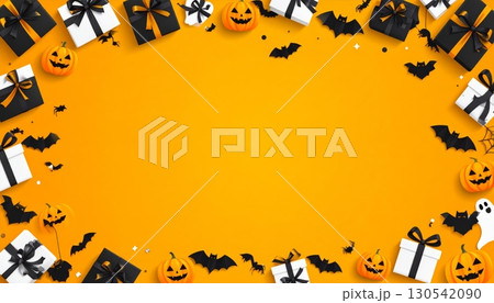 Autumn background with a spooky pumpkin and bats illustration for a Halloween celebration 130542090