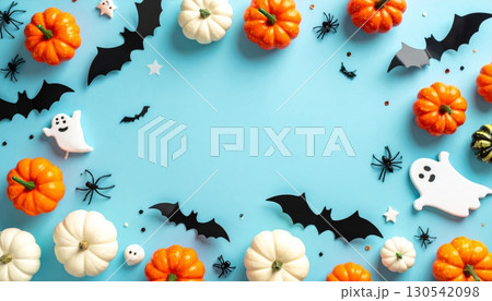 Seamless pattern with autumn pumpkins, flowers, and leaves for a festive fall design 130542098