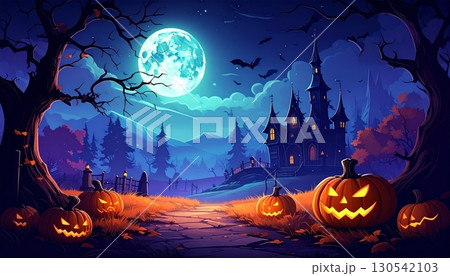 A spooky Halloween night with pumpkins, bats, and a haunted house on a hill 130542103