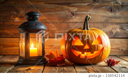 Spooky carved Halloween pumpkins with evil faces glowing on a wooden table Spooky carved Halloween pumpkins with evil faces glowing on a wooden table 130542114