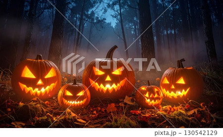 Spooky jack-o'-lanterns with carved evil faces glow in the dark autumn night, surrounded by bats on a scary cemetery Spooky jack-o'-lanterns with carved evil faces glow in the dark autumn night, surrounded by bats on a scary cemetery 130542129
