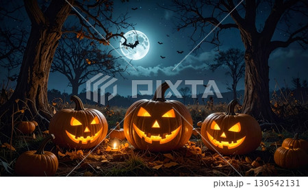 Spooky jack-o'-lanterns with carved evil faces glow in the dark autumn night, surrounded by bats on a scary cemetery 130542131