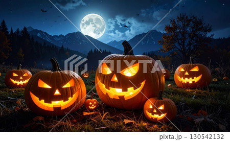 Spooky jack-o'-lanterns with carved evil faces glow in the dark autumn night, surrounded by bats on a scary cemetery 130542132