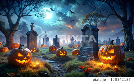 Spooky Halloween night background with pumpkins, bats, and a dark castle silhouette Spooky Halloween night background with pumpkins, bats, and a dark castle silhouette 130542187