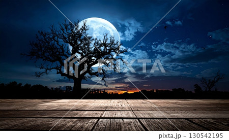 Full moon and bright stars illuminate a dark night sky over a misty blue forest and the sea Full moon and bright stars illuminate a dark night sky over a misty blue forest and the sea 130542195