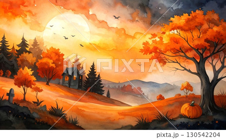 An orange and red sunset paints the sky over a mountain forest landscape, with sunlight filtering through the clouds and trees at dusk An orange and red sunset paints the sky over a mountain forest landscape, with sunlight filtering through the clouds and trees at dusk 130542204