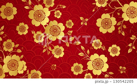 Elegant gold floral pattern and red Christmas holiday seamless vector texture with vintage antique ornament design Elegant gold floral pattern and red Christmas holiday seamless vector texture with vintage antique ornament design 130542205