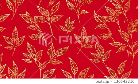 Elegant gold floral pattern and red Christmas holiday seamless vector texture with vintage antique ornament design 130542210