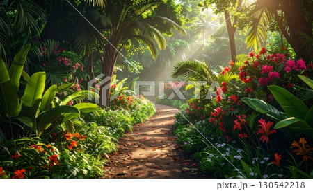 A lush garden path winds past a water sprinkler and fountain, with a stone footpath leading through the vibrant summer landscape A lush garden path winds past a water sprinkler and fountain, with a stone footpath leading through the vibrant summer landscape 130542218