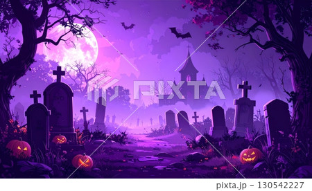 Dark Halloween night cityscape silhouette with a spooky cemetery under a full moon 130542227