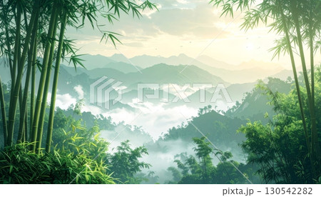 Mountain forest landscape in the morning mist, with a panoramic view of the green valley and a pine tree against the cloudy sky Mountain forest landscape in the morning mist, with a panoramic view of the green valley and a pine tree against the cloudy sky 130542282