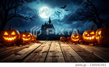 Spooky Halloween night background with pumpkins, bats, and a dark tree silhouette 130542301