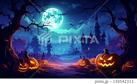 Haunted Halloween night background with pumpkins, bats, and a spooky cartoon house silhouette 130542313