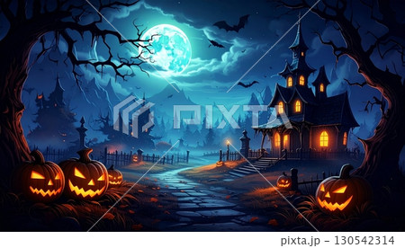 Haunted Halloween night background with pumpkins, bats, and a spooky cartoon house silhouette 130542314