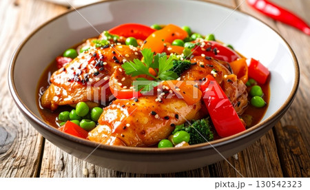 Delicious healthy vegetable and chicken meals with rice are served for lunch or dinner 130542323