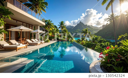 A tropical resort swimming pool with a stunning view of the sea and palm trees, perfect for a relaxing summer vacation 130542324