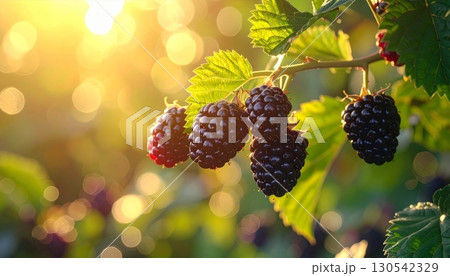 Freshly picked ripe blackberries on the vine, bursting with juicy summer sweetness Freshly picked ripe blackberries on the vine, bursting with juicy summer sweetness 130542329