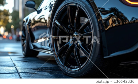 A classic chrome wheel with a vintage-style tire on an automobile 130542336