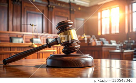 A judge's wooden gavel and law books symbolize courtroom authority and the concept of legal justice A judge's wooden gavel and law books symbolize courtroom authority and the concept of legal justice 130542346