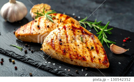 Grilled salmon fillet with fresh vegetables and a side salad on a white plate 130542352