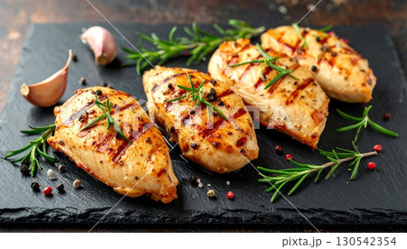 Grilled salmon fillet with fresh vegetables and a side salad on a white plate Grilled salmon fillet with fresh vegetables and a side salad on a white plate 130542354