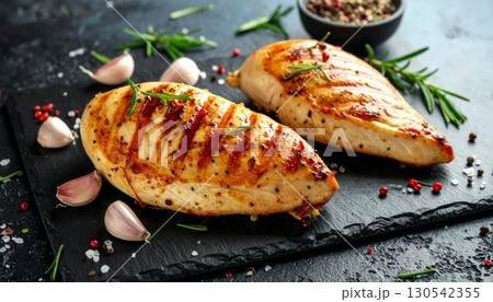 Grilled salmon fillet with fresh vegetables and a side salad on a white plate 130542355
