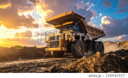 A heavy industrial vehicle transporting earth through a desert landscape at sunset 130542357