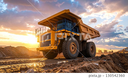 A heavy industrial vehicle transporting earth through a desert landscape at sunset A heavy industrial vehicle transporting earth through a desert landscape at sunset 130542360