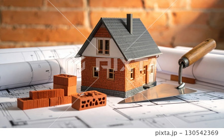 Small residential house with a new roof and windows on a blueprint architectural design Small residential house with a new roof and windows on a blueprint architectural design 130542369