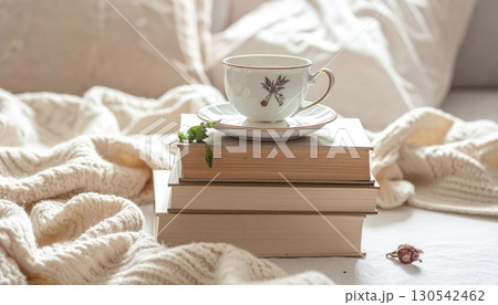A porcelain teacup with a hot beverage rests on a white saucer next to a woman reading a book 130542462