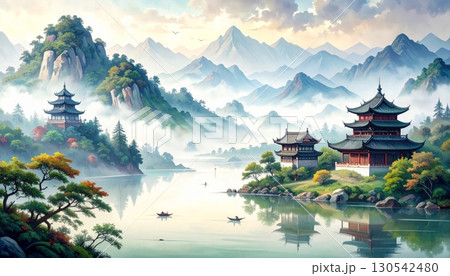 Serene morning and evening views of ancient Japanese temple architecture with a peaceful pagoda tower against the sky Serene morning and evening views of ancient Japanese temple architecture with a peaceful pagoda tower against the sky 130542480