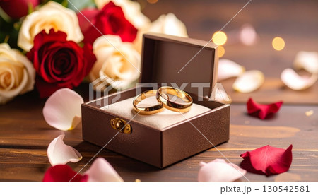 A romantic wedding bouquet of pink roses and white flowers with a couple's rings on a wooden table 130542581