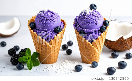 Cold ice cream dessert with fresh summer fruits and berries in a glass 130542590