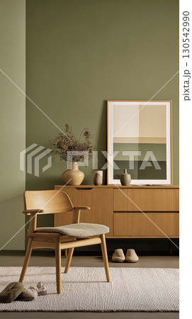 Minimalist interior with green wall, wooden sideboard, and decorative vases creating calm and cozy atmosphere. space is simple and elegant Minimalist interior with green wall, wooden sideboard, and decorative vases creating calm and cozy atmosphere. space is simple and elegant 130542990