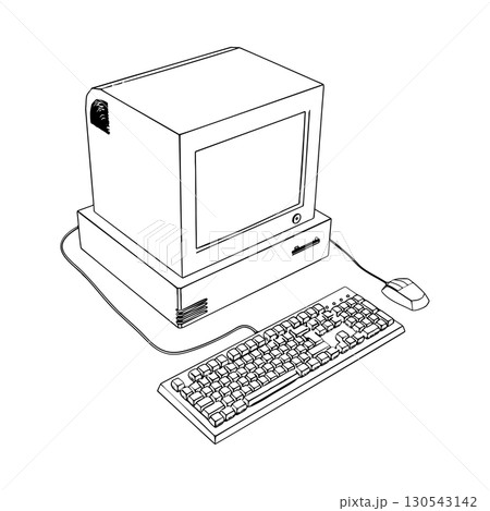 Outline for Coloring of Desktop Computer with CRT Monitor, Keyboard, and Wired Mouse. Vector Illustration. 130543142
