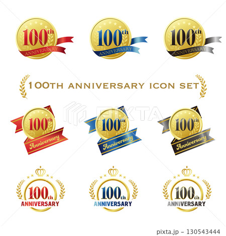 百周年記念のアイコンセット。リボンと装飾フレーム。 百周年記念のアイコンセット。リボンと装飾フレーム。 130543444