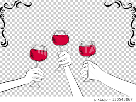 手描き線画　三人で赤ワインを乾杯するイラスト 130543867