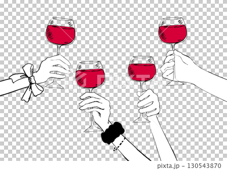 手描き線画　大勢で赤ワインを乾杯するイラスト 130543870