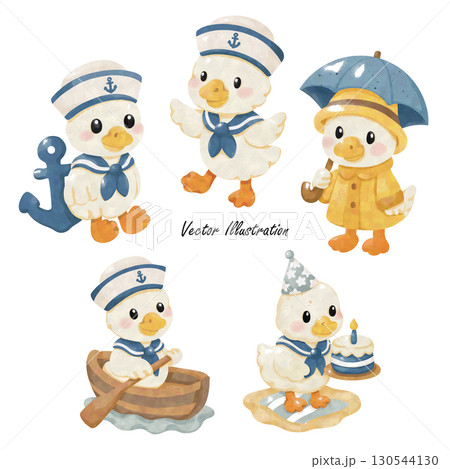 Cute Sailor Ducks in Nautical Outfits with Anchor and Lifebuoy Watercolor Illustration Cute Sailor Ducks in Nautical Outfits with Anchor and Lifebuoy Watercolor Illustration 130544130