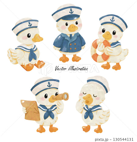 Cute Sailor Ducks in Nautical Outfits with Anchor and Lifebuoy Watercolor Illustration Cute Sailor Ducks in Nautical Outfits with Anchor and Lifebuoy Watercolor Illustration 130544131