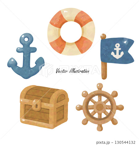 Cute Sailor Ducks in Nautical Outfits with Anchor and Lifebuoy Watercolor Illustration Cute Sailor Ducks in Nautical Outfits with Anchor and Lifebuoy Watercolor Illustration 130544132