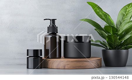Elegant Display of Black Cosmetic Packaging on Wooden Surface with Green Plant Accent Elegant Display of Black Cosmetic Packaging on Wooden Surface with Green Plant Accent 130544148