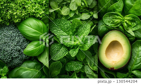 Fresh Green Vegetables and Herbs with Avocado on Wooden Background for Healthy Cuisine Fresh Green Vegetables and Herbs with Avocado on Wooden Background for Healthy Cuisine 130544204