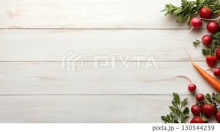 Fresh Radishes and Strawberries with Carrot on Wooden Background for Healthy Diet 130544239