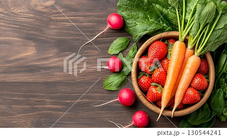 Fresh Organic Vegetables and Fruits on Wooden Table in Bowl with Vibrant Colors 130544241