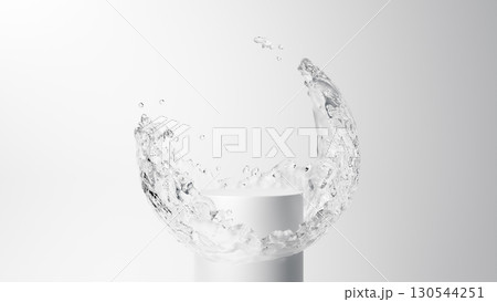 白背景に円を描くように勢いよく流れる水と白い台座。3D(横長) 白背景に円を描くように勢いよく流れる水と白い台座。3D(横長) 130544251